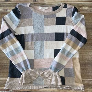 LOFT Colorblock striped Sleeve Ruffle Cuff Crewneck Sweater Size Medium